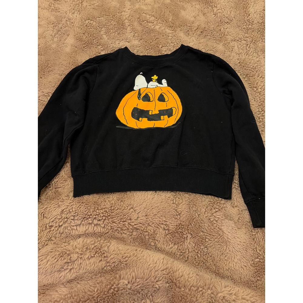 Peanuts Snoopy Woodstock Halloween Pumpkin Black Sweatshirt Womens Small RN86947